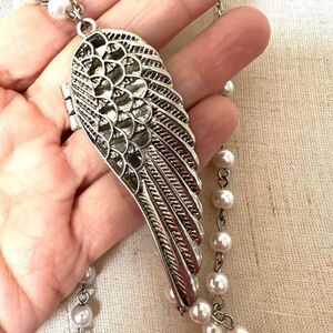 Faux pearl half angel wing locket pendant necklace